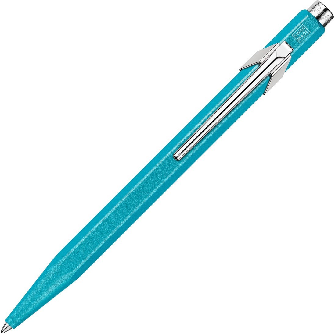 Caran Dache 849 metallic turquoise ballpoint pen, with slim metal box C