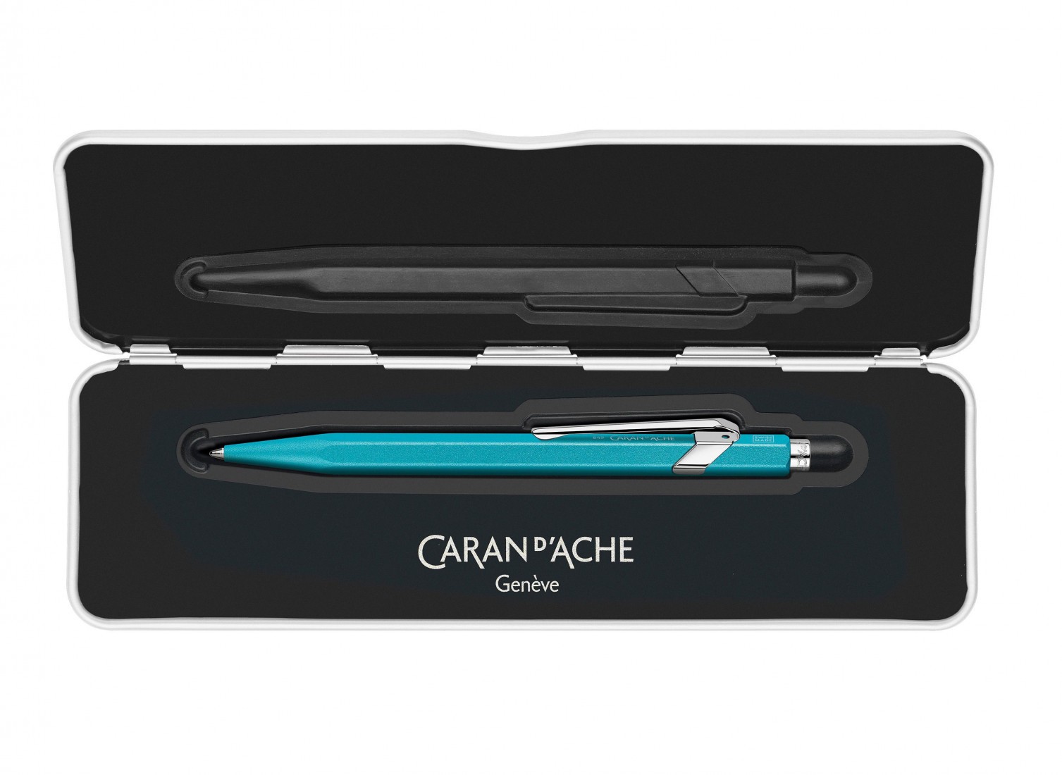 Caran Dache 849 metallic turquoise ballpoint pen, with slim metal box C
