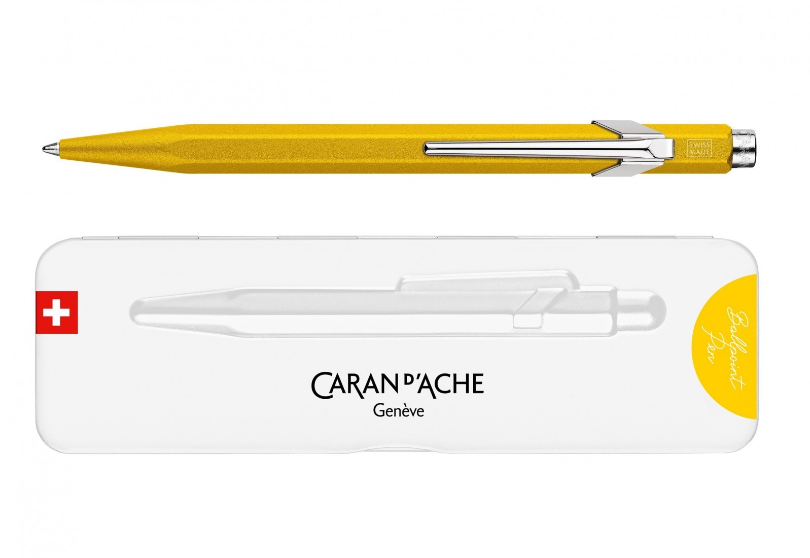 Caran Dache 849 metallic yellow ballpoint pen, with slim metal box 0849.743