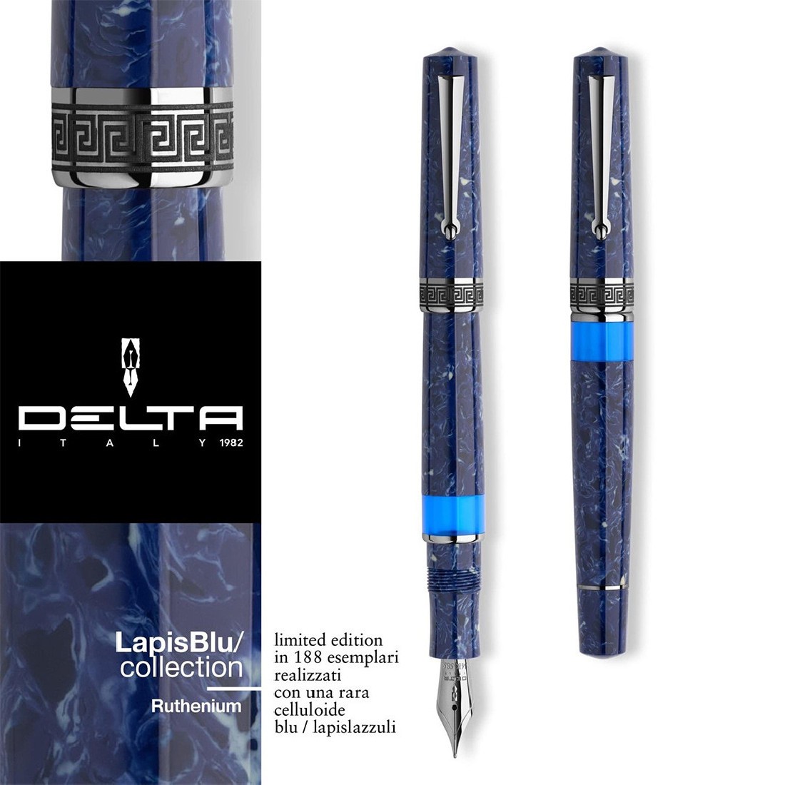 Delta Lapis Blue Celluloid Fountain Pen - Ruthenium (Limited Edition)