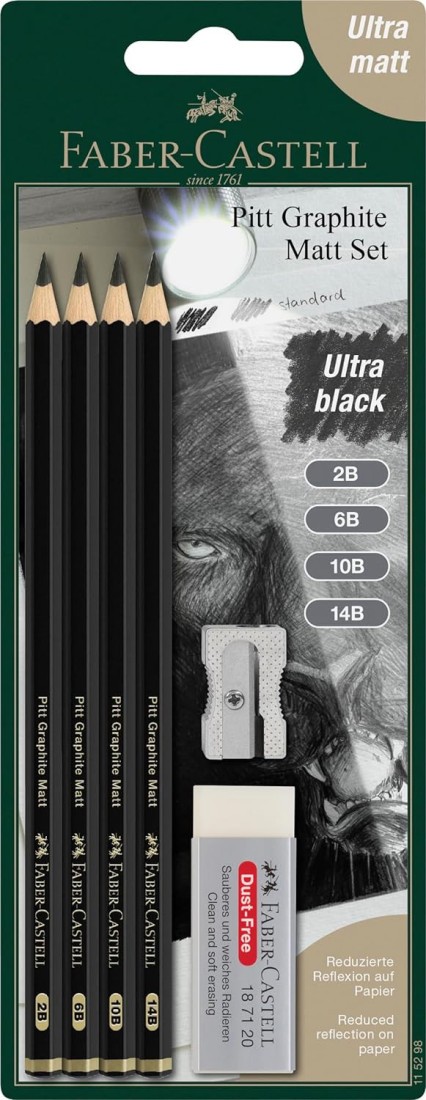 Faber Castell 115298 Pitt Graphite Matte Pencils Set of 6 with Sharpener and Eraser