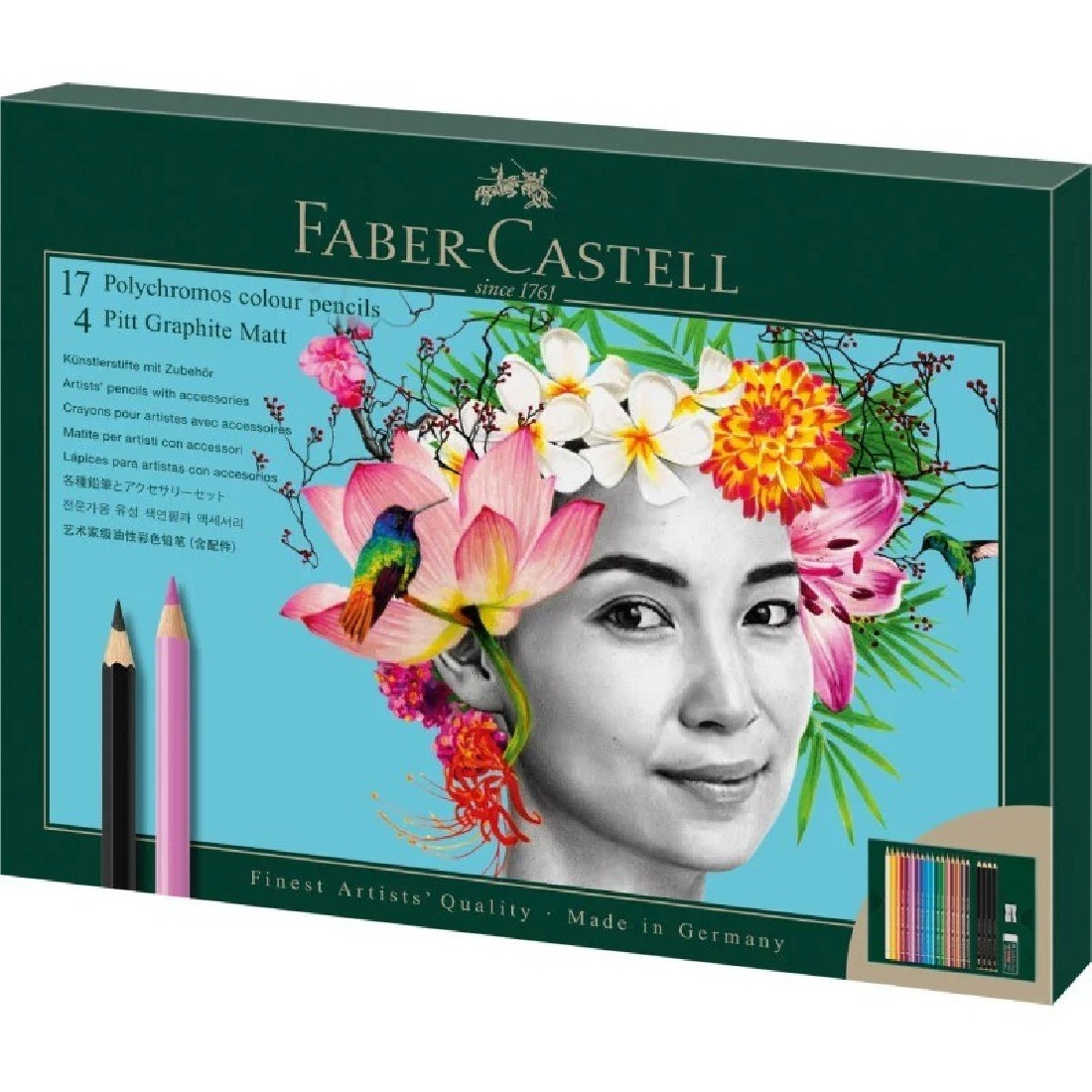 Faber Castell 17 polychromos colour pencils and 4 pitt graphite matt, set 210052