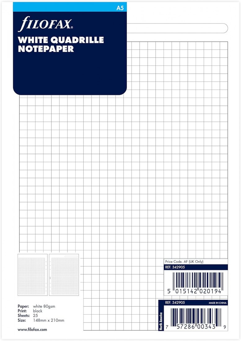 REFILL A5 WHITE QUADRILLE NOTEPAPER 342905 FILOFAX FX
