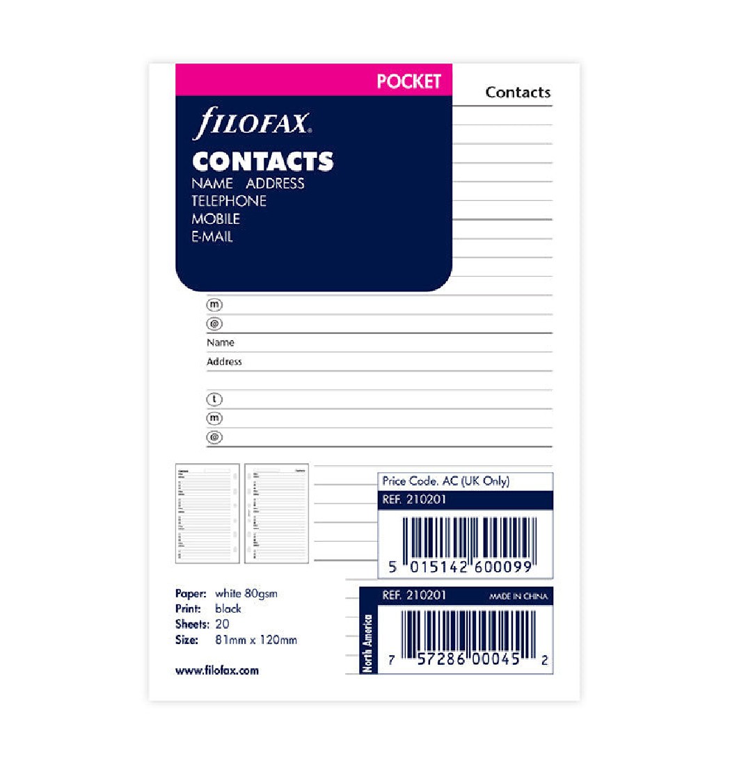 Filofax Refill Pocket 210201 Contacts