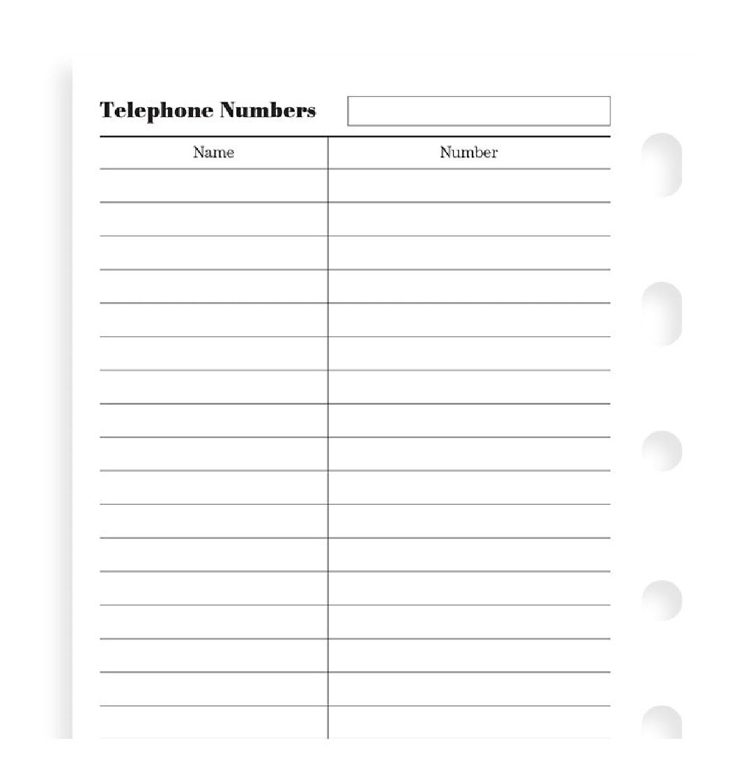 Filofax Refill Pocket Name and Telephone Number  210207