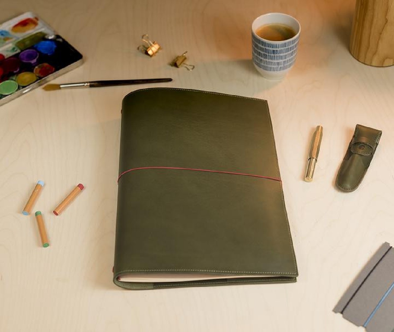 Paper Republic A4 Leather Portfolio Olive Green