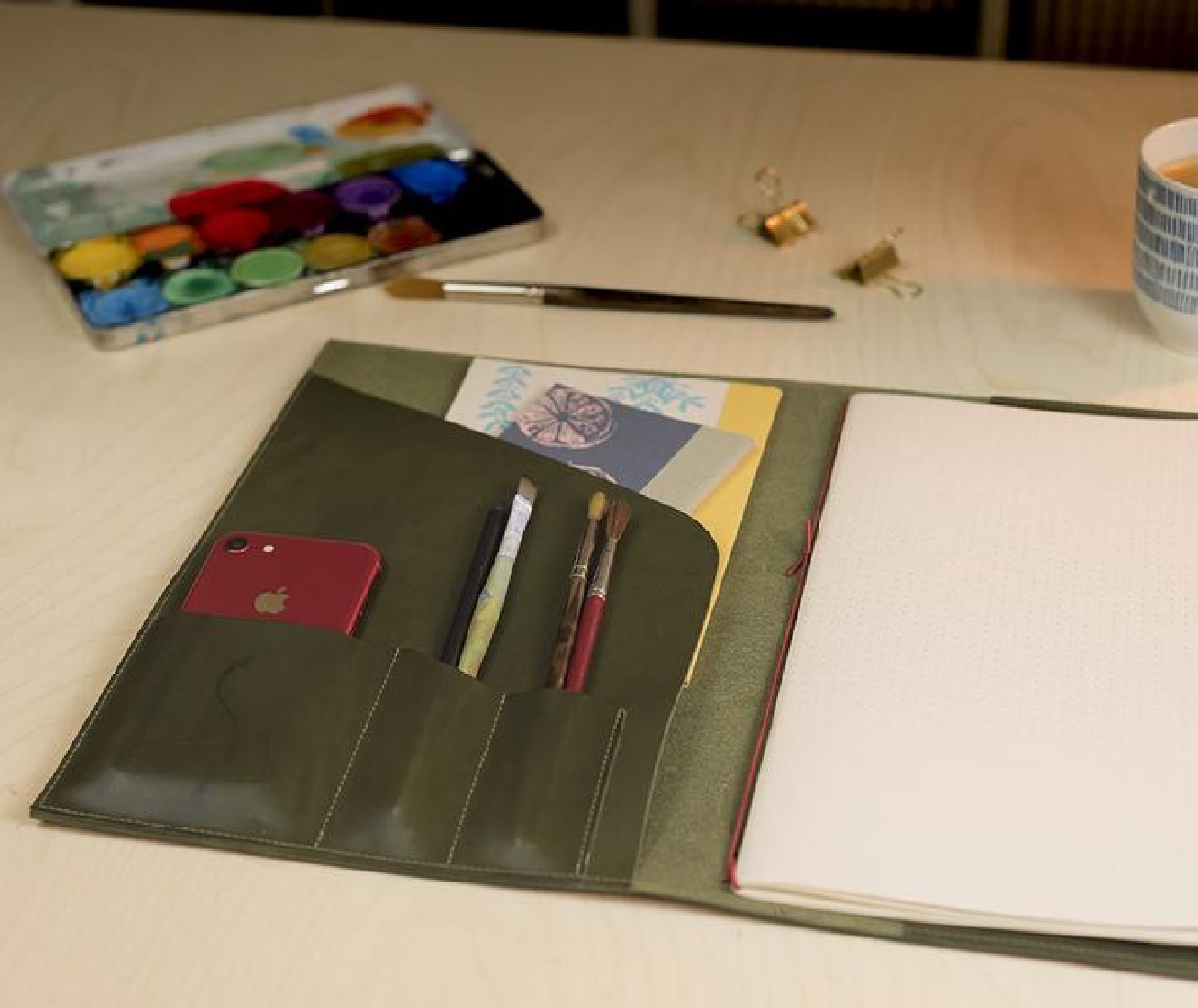 Paper Republic A4 Leather Portfolio Olive Green