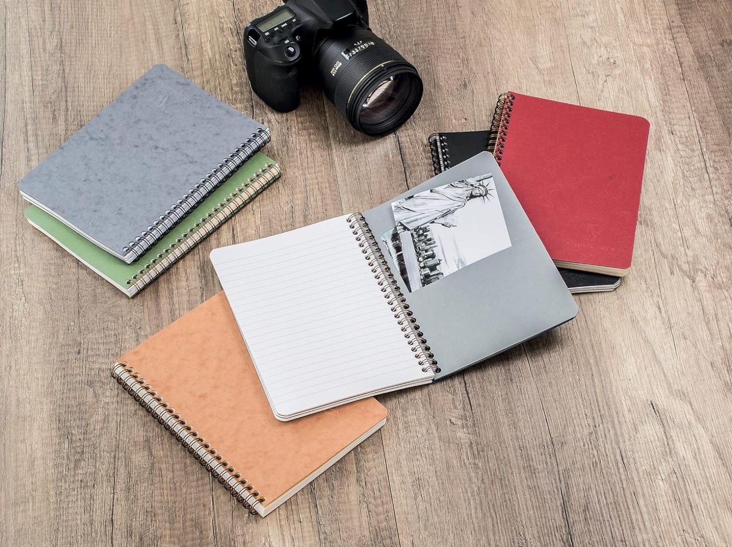 Clairefontaine Rhodia Age Bag Wirebound Notebook (120 Pages) - A5 Size, Lined Rulings, 90gsm Brushed Vellum Paper, Pocket for Loose Documents - Brown Cover 78566c