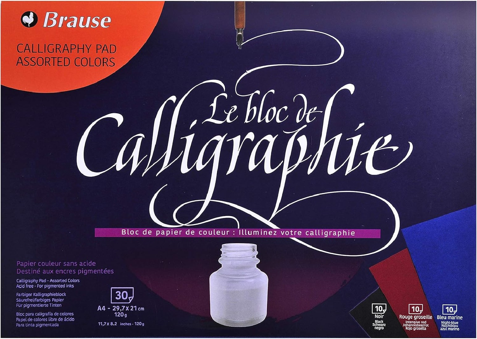 Brause  Glued calligraphy pad 30 sheets A4 120g, 3 assorted colours (black, intensive red and navy blue) 96436B