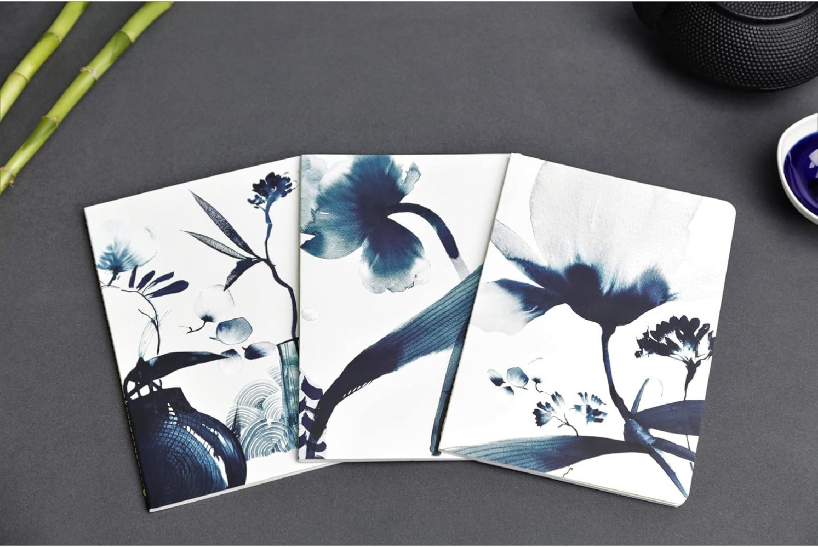 Clairefontaine Rhodia 115926C - A Stitched Notebook Floral Pattern Painted in Blue Ink - A5 14.8x21 cm 64 Lined Pages White Paper 90g - Inkebana Collection