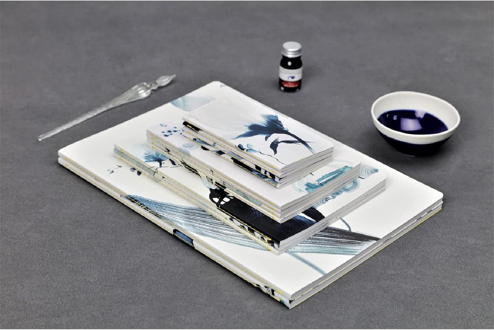 Clairefontaine Rhodia 115926C - A Stitched Notebook Floral Pattern Painted in Blue Ink - A5 14.8x21 cm 64 Lined Pages White Paper 90g - Inkebana Collection