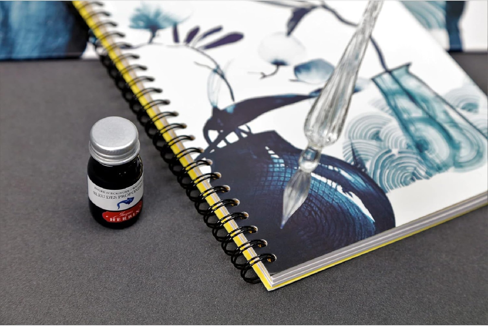 Clairefontaine Rhodia 115928C - A Floral Pattern Spiral Notebook Painted in Blue Ink - A5 14.8x21 cm 120 Lined Pages 90g White Paper - 6 Pockets - Inkebana Collection