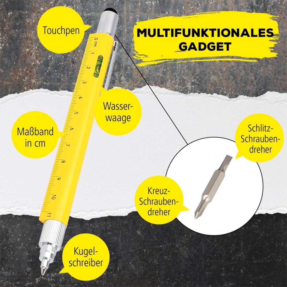 Online Multifunction pen 6 in 1, ballpen and tool, Yellow, 70170