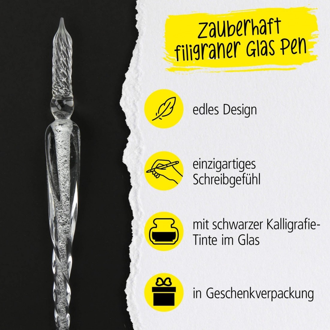 Online glass pen with storage glass block and 7ml black ink 17133