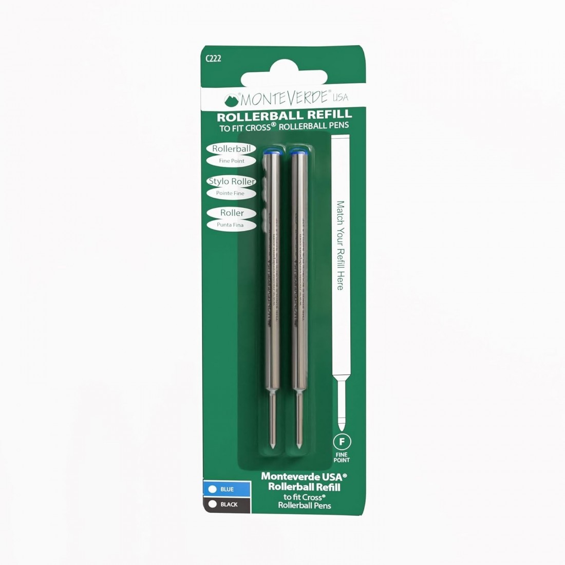 Monteverde Rollerball Refill to Fit Cross Rolleball Pens, Fine Point,  2 per Pack (C222BU)