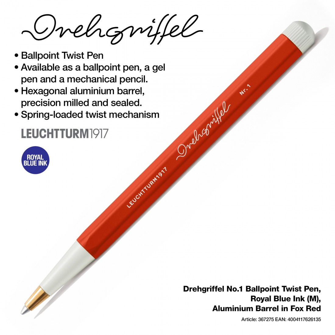 Leuchtturm 1917 Drehgriffel Nr.1 Fox Red Ballpoint pen with royal blue ink