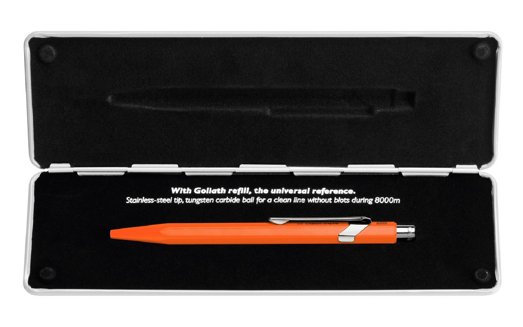 Caran Dache 849 Popline  fluo orange ballpoint pen, with slim metal box 849.530