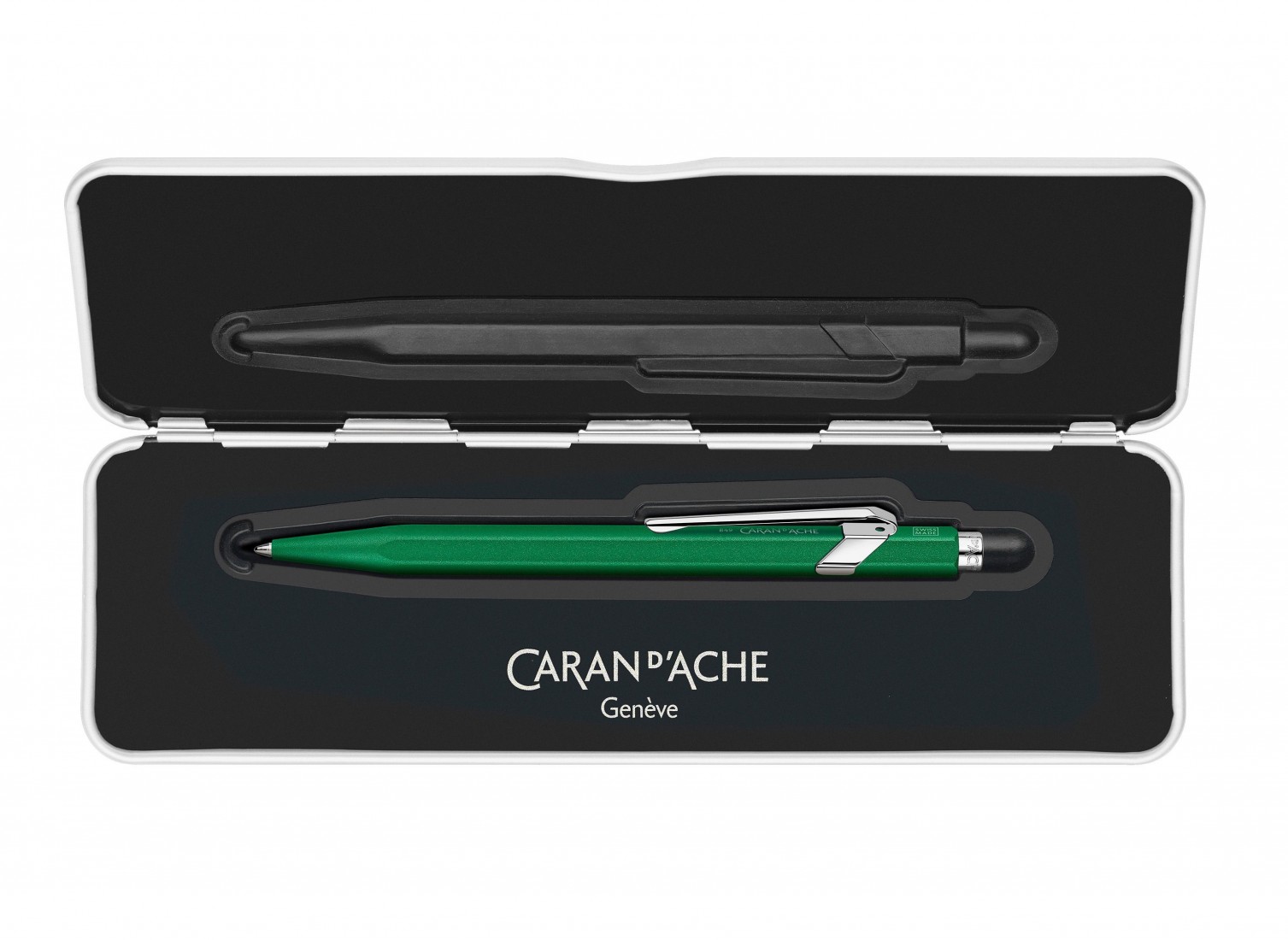 Caran Dache 849 metallic green ballpoint pen, with slim metal box