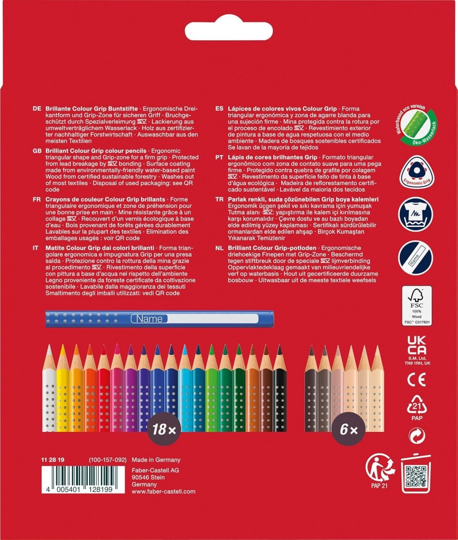 Faber Castell Colour Grip 112819 Colouring Pencils Set of 24 Including 6 Skin-Coloured Pencils