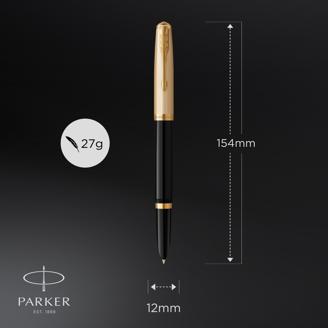 PARKER 51 DELUXE BLACK RESIN GOLD TRIM FOUNTAIN PEN - 18K SOLID GOLD  NIB