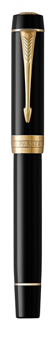 Parker Duofold Centennial Fountain Pen, Classic Black with Gold Trim, Solid Gold Nib, Black Ink and Converter (1931381)
