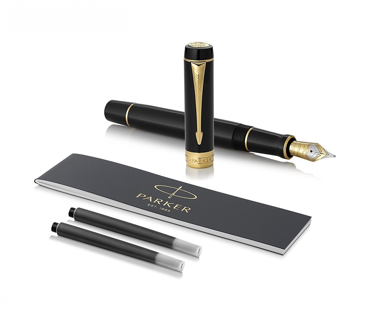 Parker Duofold Centennial Fountain Pen, Classic Black with Gold Trim, Solid Gold Nib, Black Ink and Converter (1931381)
