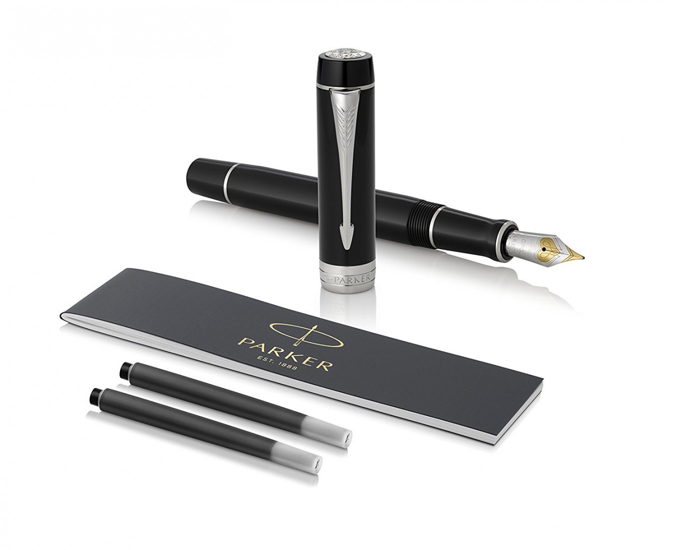 Parker Duofold Centennial Fountain Pen, Classic Black with Palladium Trim, Solid Gold Nib, Black Ink and Converter (1931365)