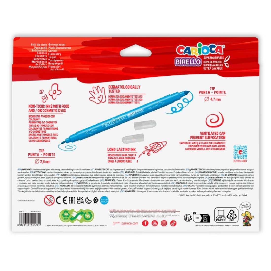 Carioca Μαρκαδόροι Birello 24 τμχ Superwashable  & Double Tip 41521