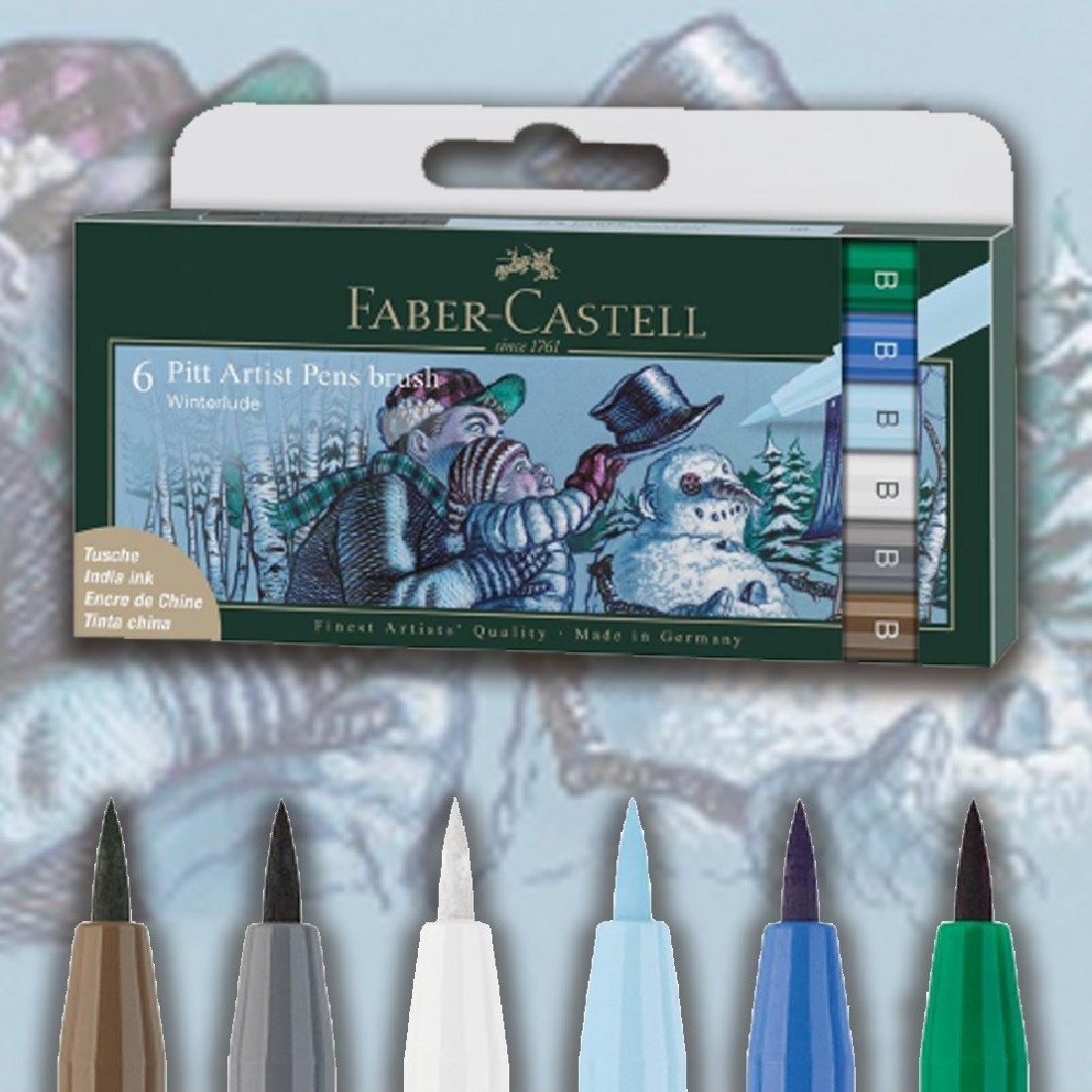 Faber Castell Pitt Artist Pen Brush India ink pen, wallet of 6, Winterlude 167176