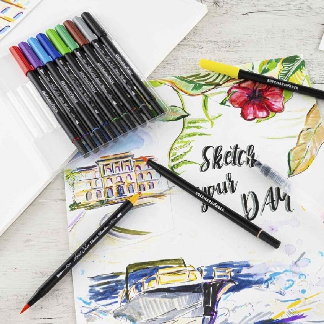 Eberhard Faber 558212 - Artist Color Sketch Marker Set with 12 Colours, Fibre-Tip Pens with Double Tip, in Cardboard Case, for Drawing, Sketching and Illustrating