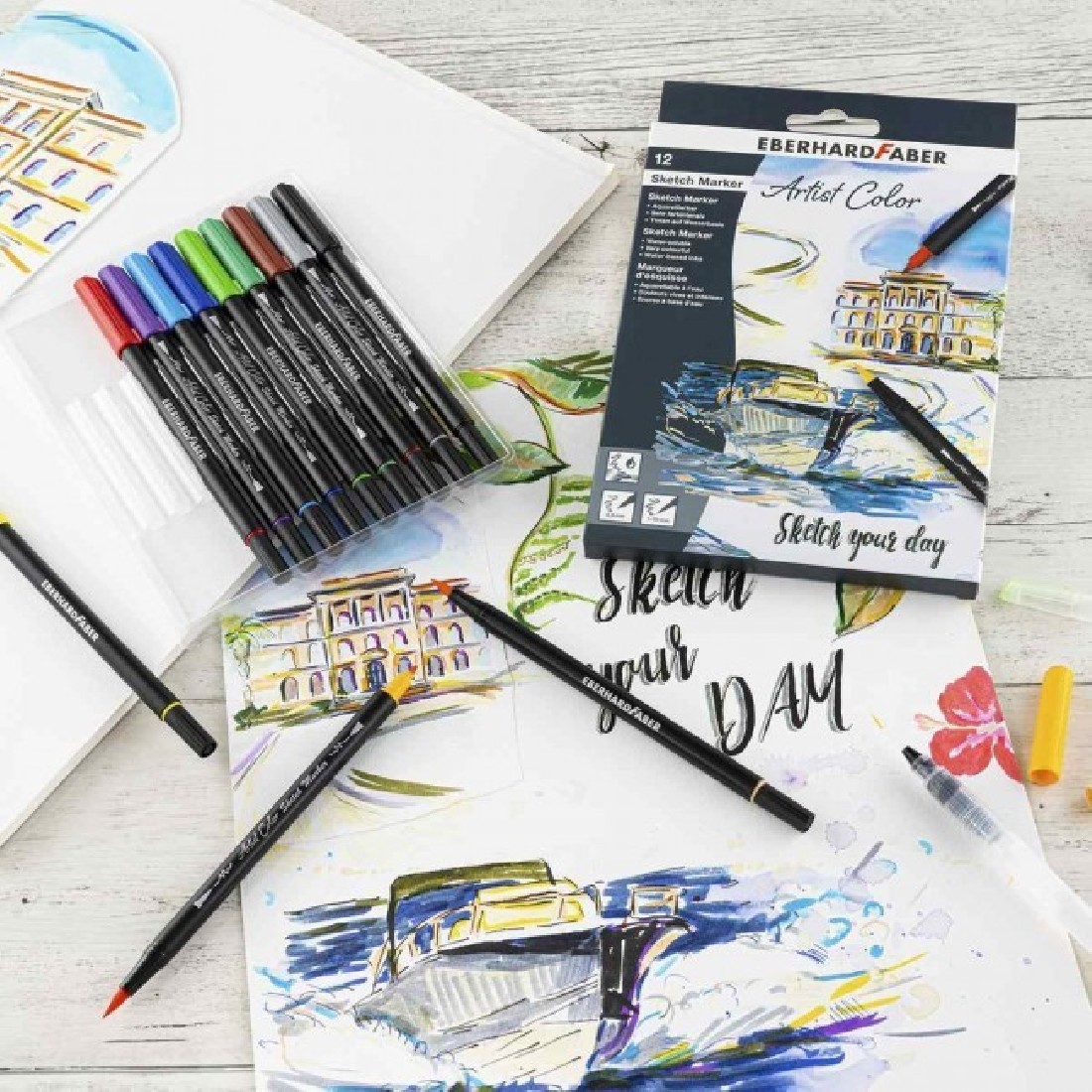 Eberhard Faber 558212 - Artist Color Sketch Marker Set with 12 Colours, Fibre-Tip Pens with Double Tip, in Cardboard Case, for Drawing, Sketching and Illustrating