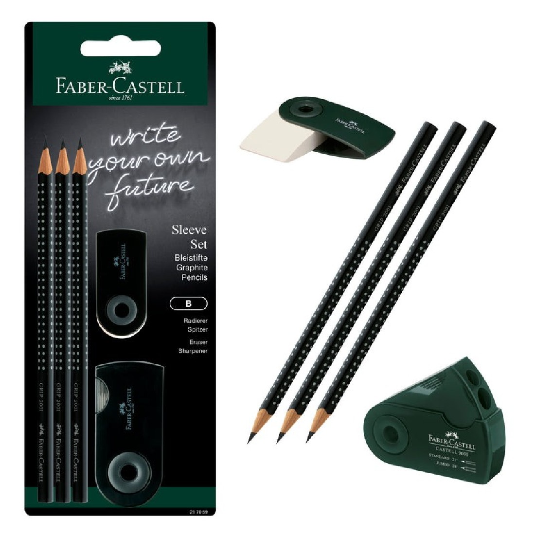 Faber Castell set black grip with 3 pencils, eraser and sharpener 217059