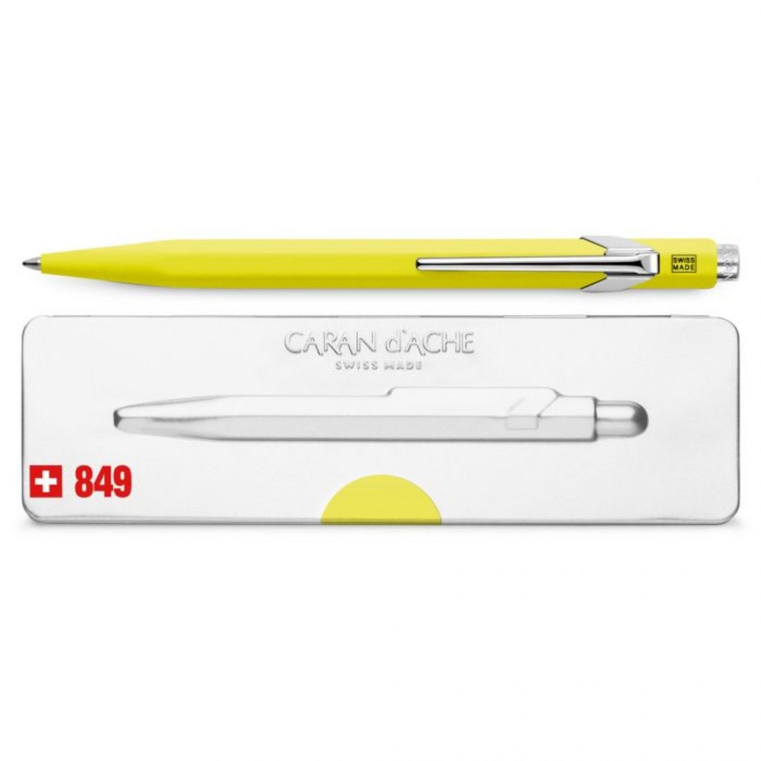 CARAN DACHE 849 Popline  fluo yellow ballpoint pen, with slim metal box 0849.970