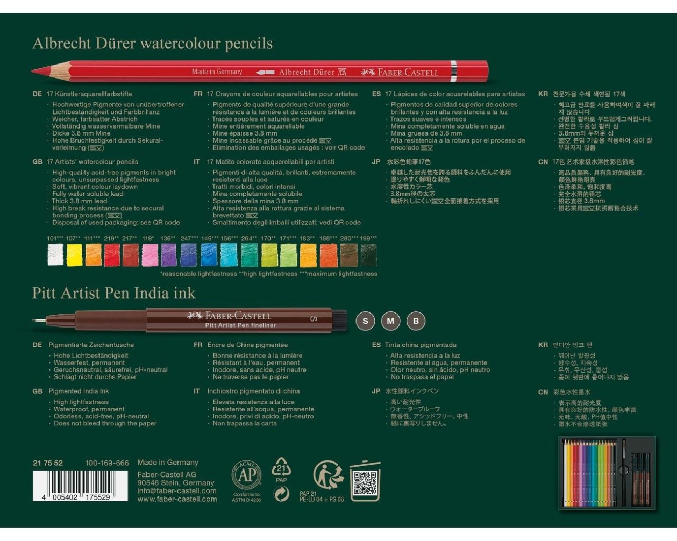 Faber Castell Albrecht Durer Watercolour Pencils plus Pitt Artist Pens Set of 21 217552