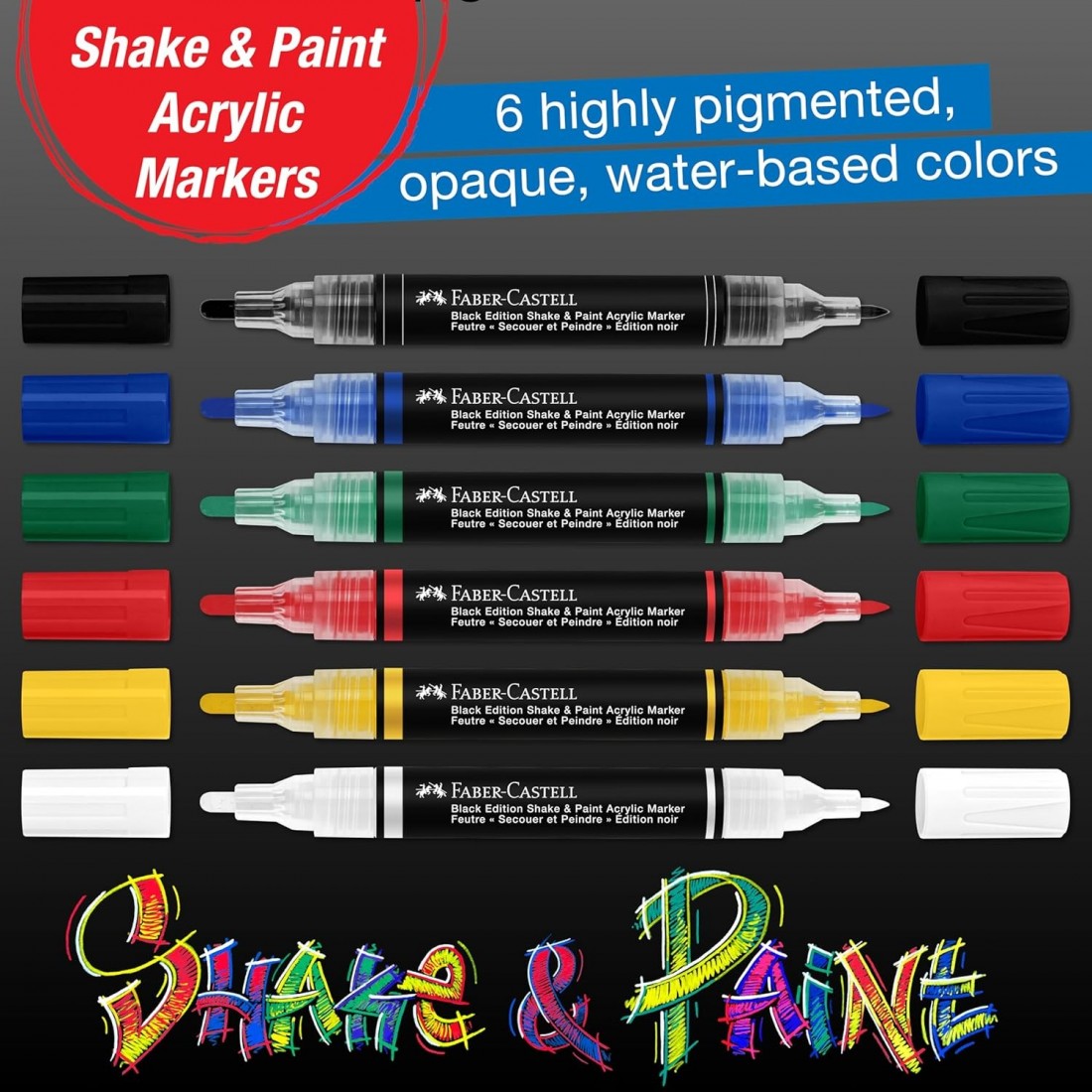 Faber Castell 285507 Acrylic Marker Shake & Paint Black Edition, 6 Acrylic Pens, Marker with 2 Round Tips (3 mm and 1 mm)