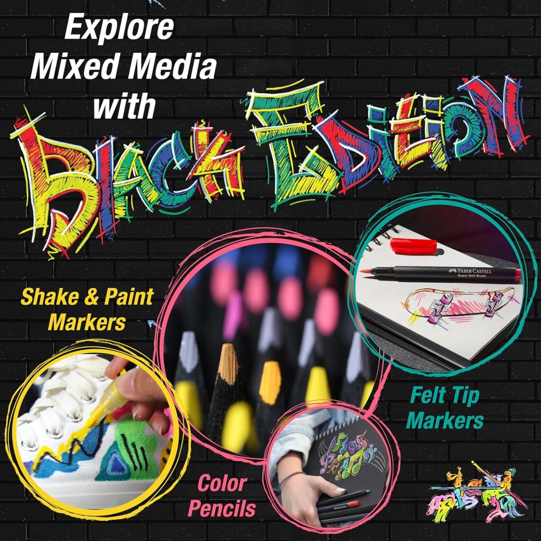 Faber Castell 285507 Acrylic Marker Shake & Paint Black Edition, 6 Acrylic Pens, Marker with 2 Round Tips (3 mm and 1 mm)