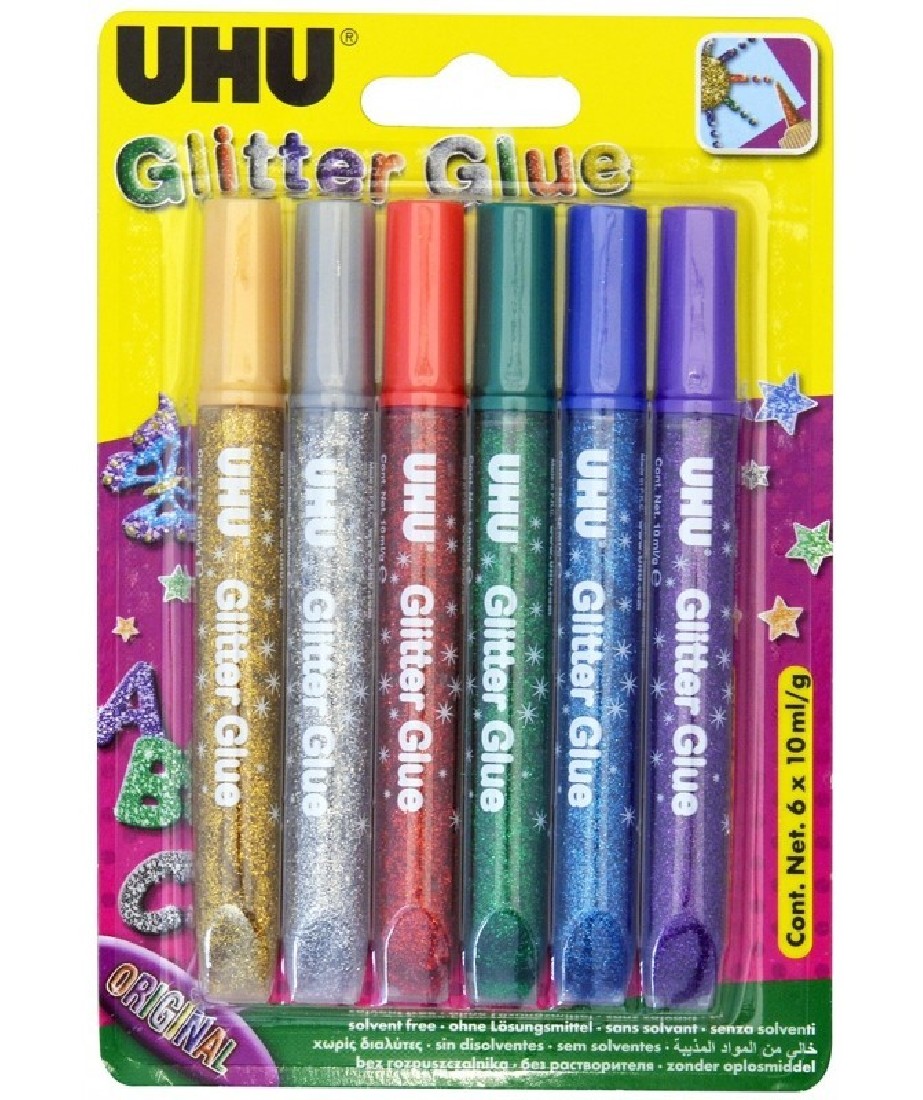 UHU Κόλλα Glitter Πολύχρωμη 10ml Σετ 6τμχ 39040