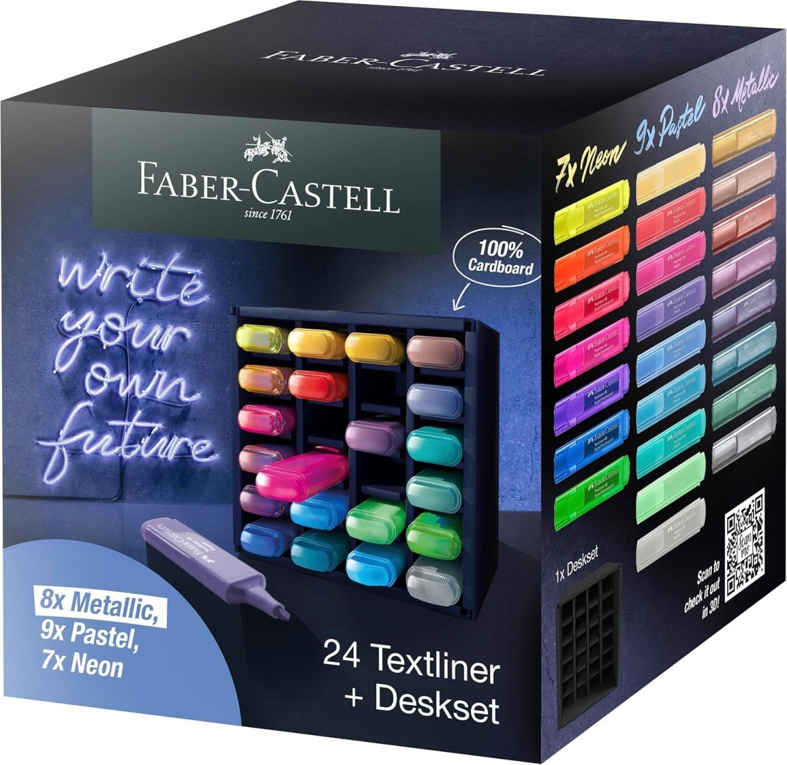 Faber Castell Highlighter Desk Set of 24pcs Chisel Tip Markers, Metallic, Neon, and Pastel Set - Thin No Bleed Highlighters 254602