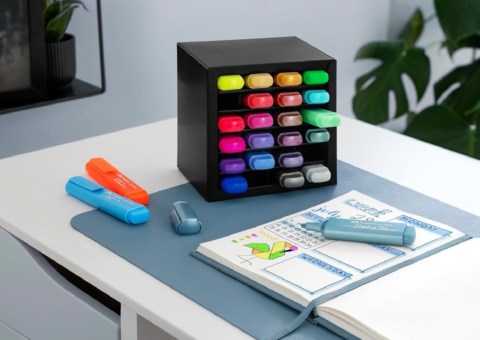 Faber Castell Highlighter Desk Set of 24pcs Chisel Tip Markers, Metallic, Neon, and Pastel Set - Thin No Bleed Highlighters 254602
