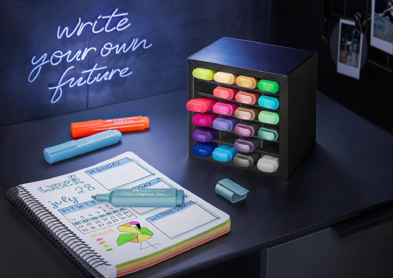 Faber Castell Highlighter Desk Set of 24pcs Chisel Tip Markers, Metallic, Neon, and Pastel Set - Thin No Bleed Highlighters 254602