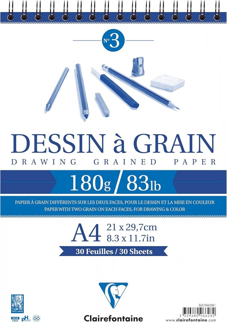 Clairefontaine A4 spiral Dessin a Grain 180gr 30sheets 96628C