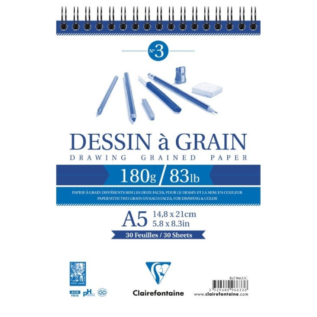 Clairefontaine A5 spiral Dessin a Grain 180gr 30sheets CF96633C