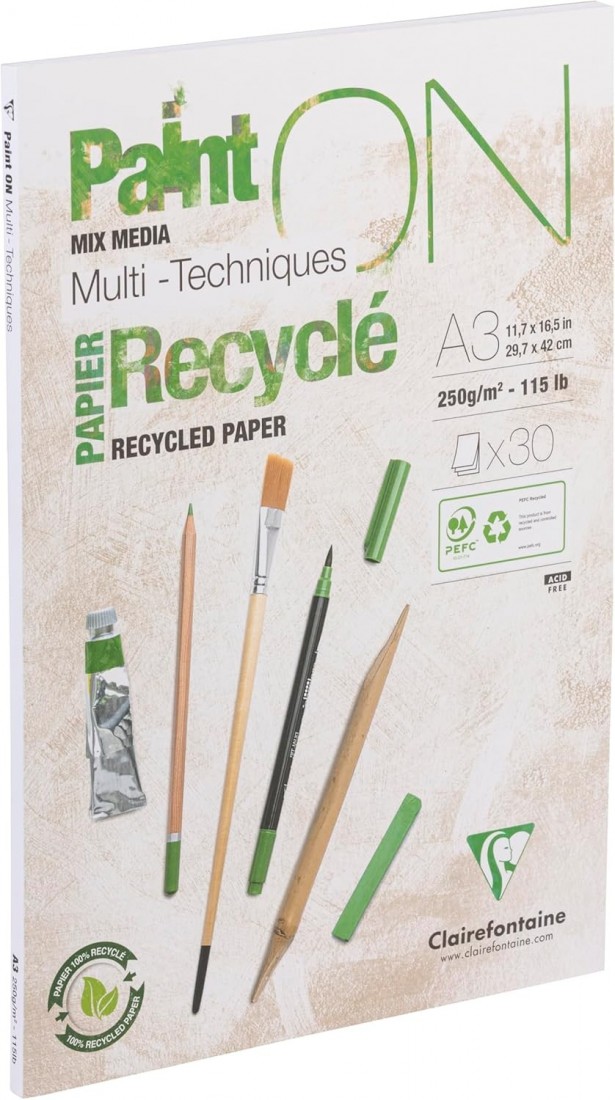 Clairefontaine A3 Painh on mix media, Recycled, 250gr 30sheets 975742
