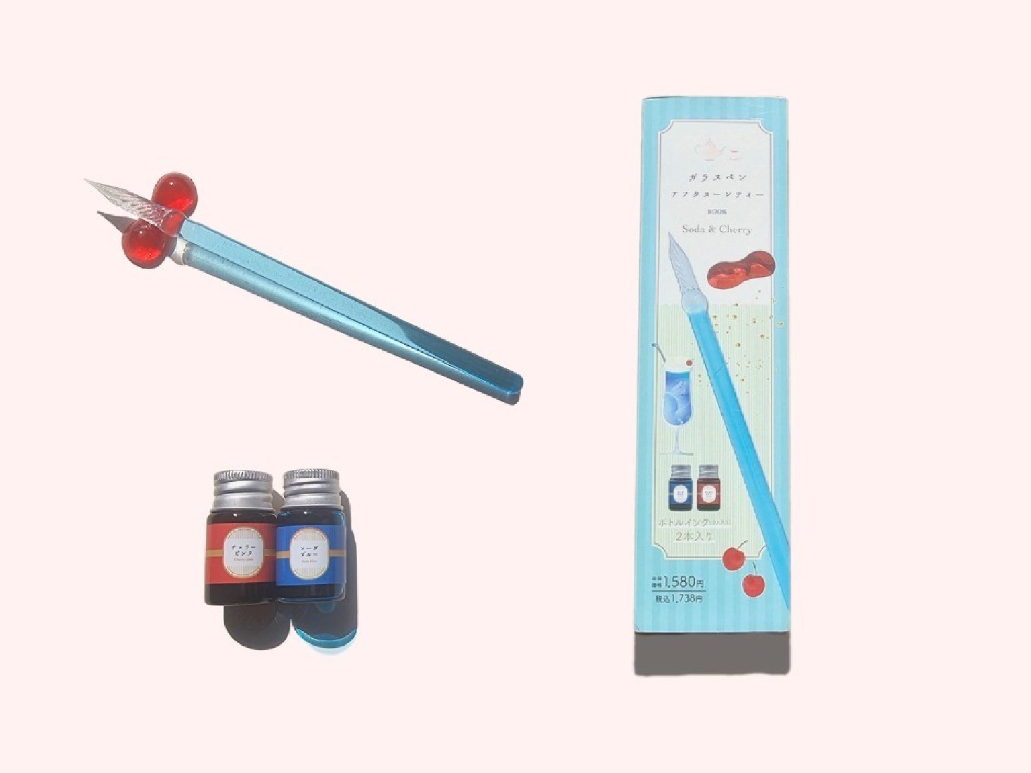 Glass Pen Afternoon Tea, Soda and Cherry, with Pen Tray and 2 bottled inks