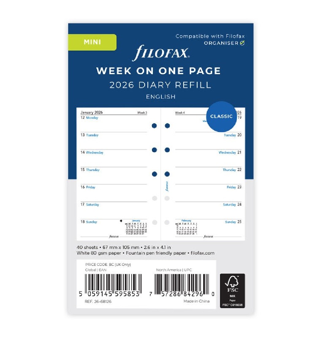 Refill 2026 Mini Week On One Page 26-68126 Filofax