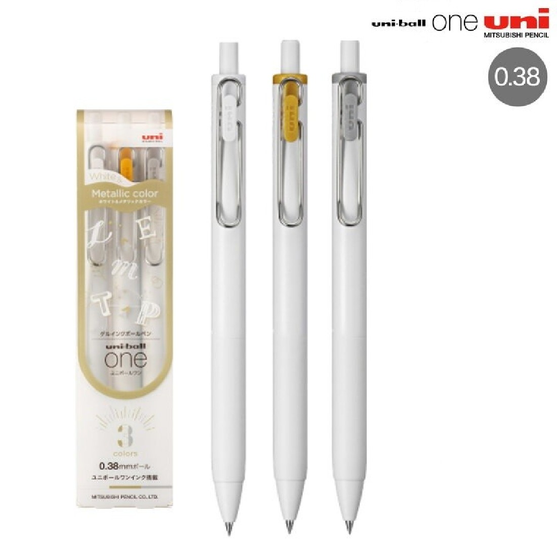 Uni Mitsubishi Gel Ballpoint Pen Uni-ball One 0.38 White, Gold, Silver 3-pack UMN-SC-38 WGS3C