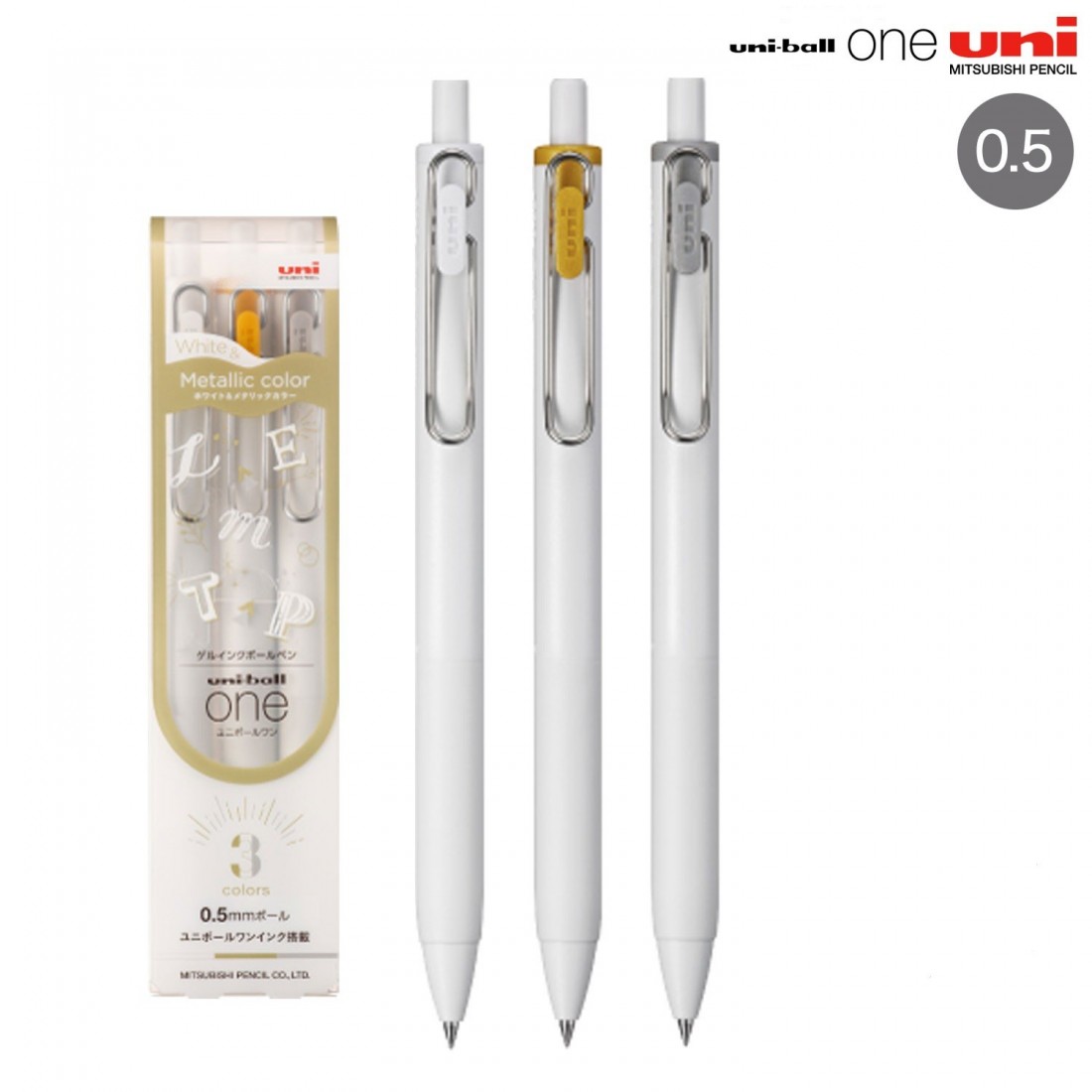 Uni Mitsubishi Gel Ballpoint Pen Uni-ball One 0.50 White, Gold, Silver 3-pack UMN-SC-05 WGS3C