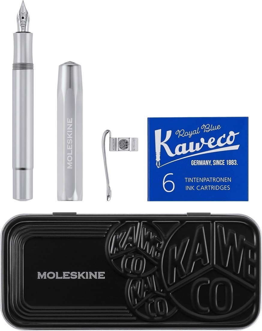 Kaweco Moleskine Aluminium Silver fountain pen with free clip and blue cartridges