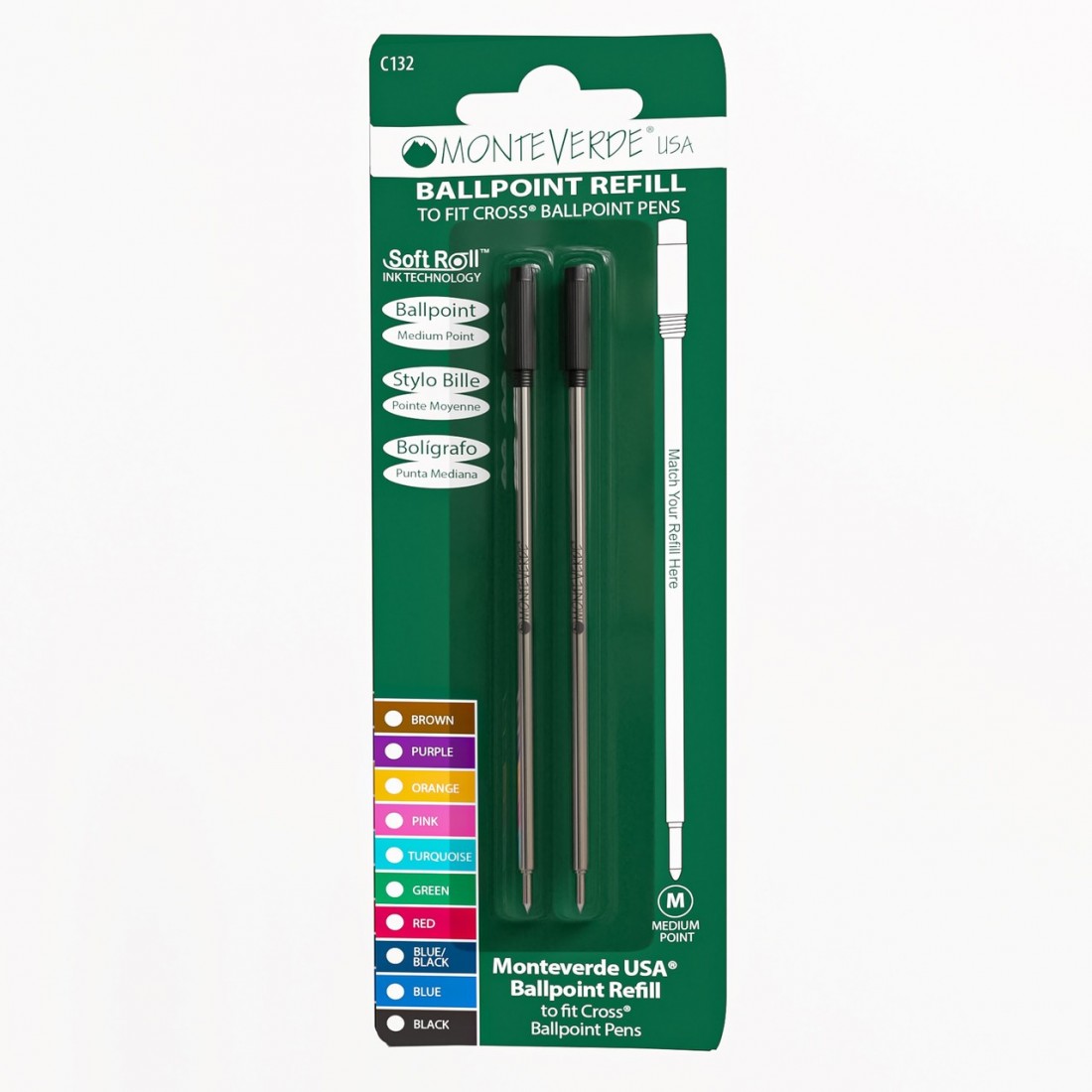Monteverde USA Ballpoint Refill To Fit Cross Ballpoint Pens, Medium Point, 2pcs, C132.