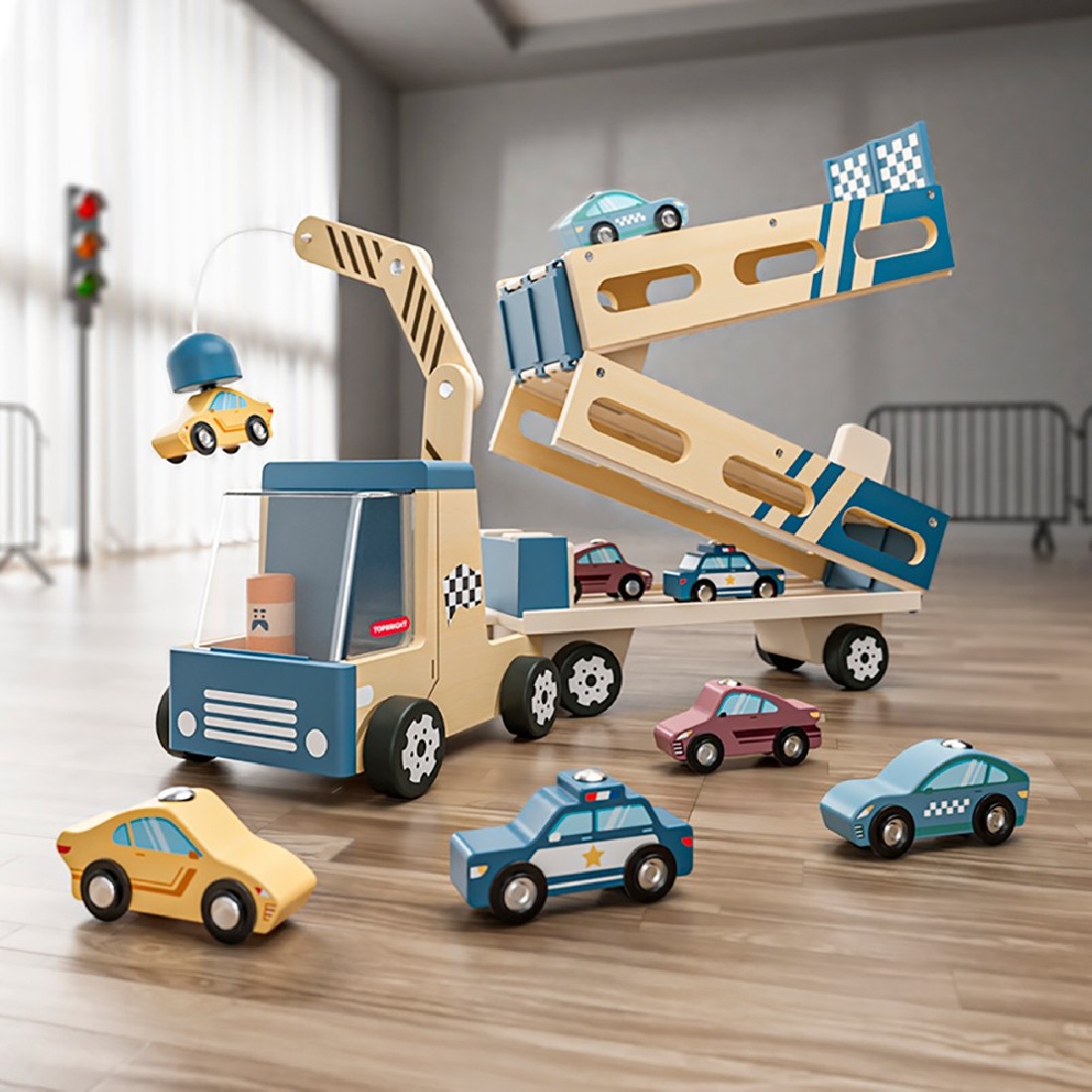 Ξύλινο Φορτηγό Μεταφοράς Αυτοκινήτων – Roll & Race Auto Transporter – 121190 +3 Ετών Top Bright